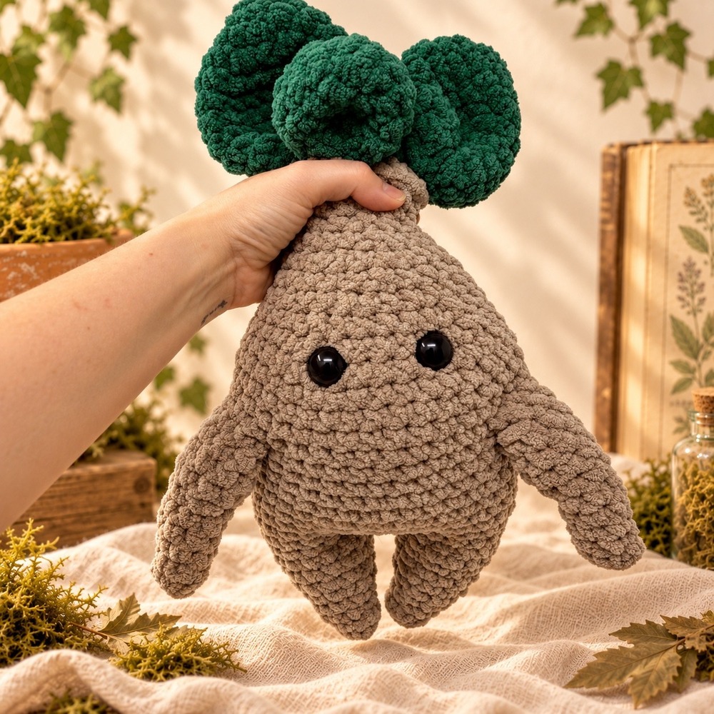 Handmade Crochet Mandrake Root Plush 13 Inch Witchy Plant Amigurumi Decor